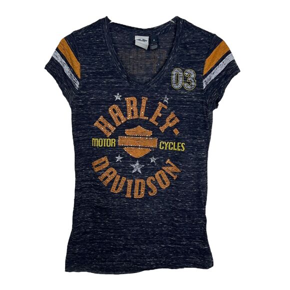 Harley Davidson VTG Y2K Rhinestone V-Neck Baby Tee T-Shirt Gray Orange Medium - Picture 1 of 5